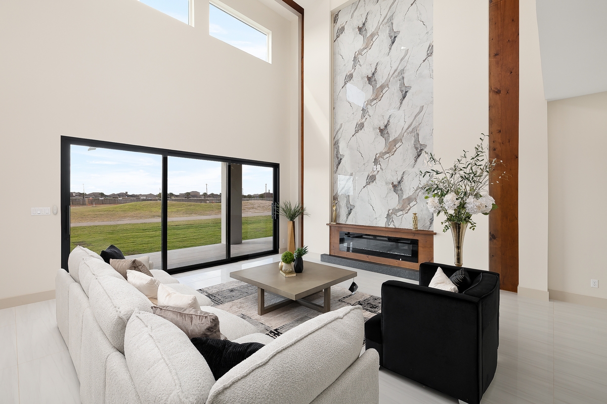 Living room with marble fireplace
