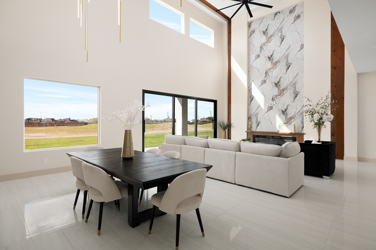 Great room with pendant lights